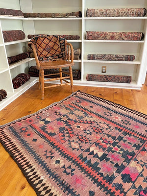 4'4" X 10'5" Vintage Kurdish Kilim Long Rug