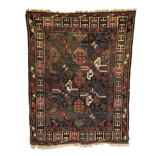 3&#39;4&quot; X 4&#39;3&quot; Antique Distressed Caucasian Kuba Rug