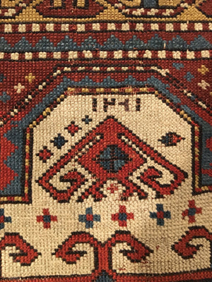 2’2" X 3’11" Inscribed Early Tribal Kazak Prayer Rug
