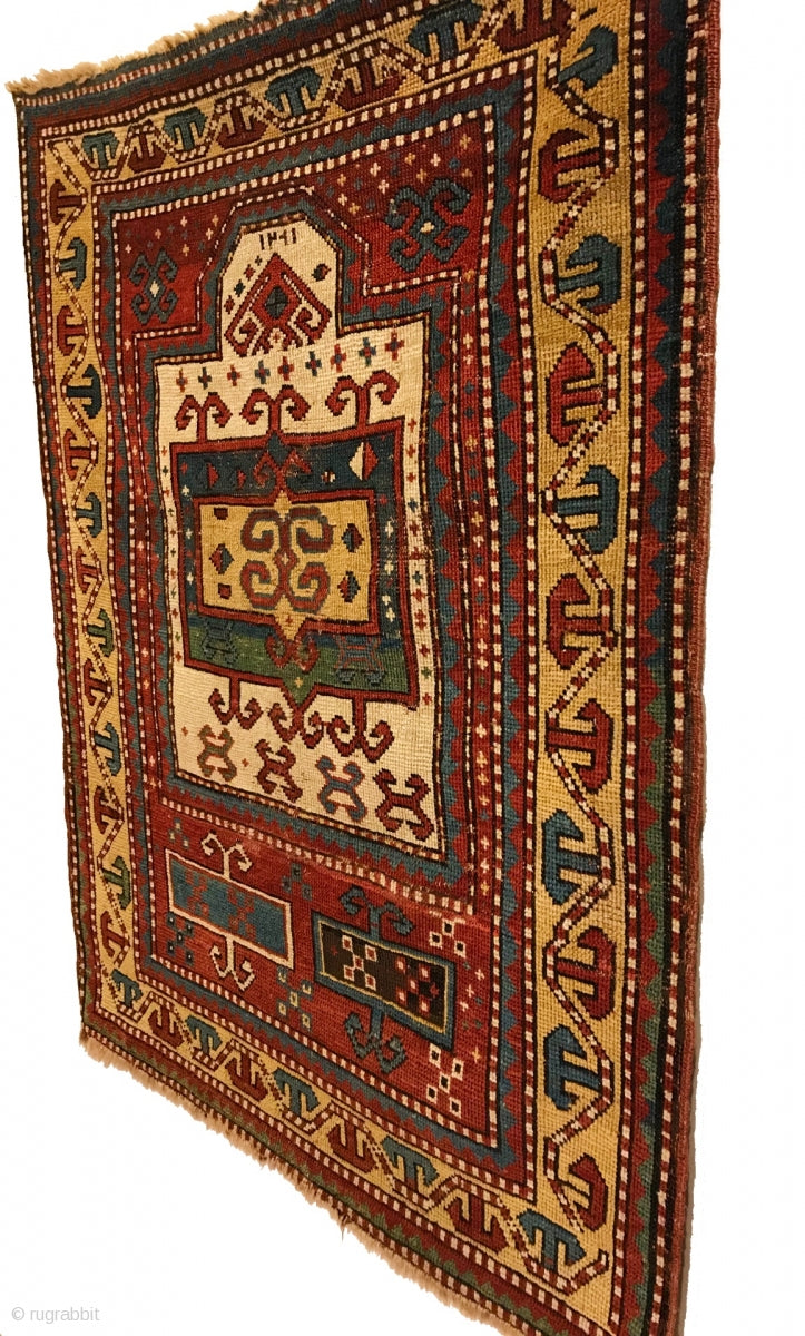 2’2&quot; X 3’11&quot; Inscribed Early Tribal Kazak Prayer Rug