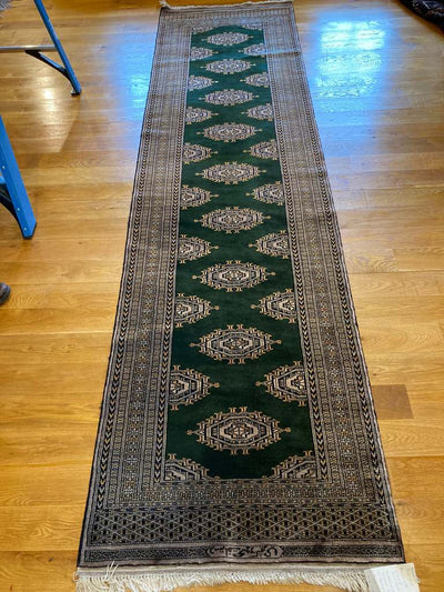 2‘7“ X 9‘11“ Signed Vintage Bokhara Green Turkoman Runner Rug