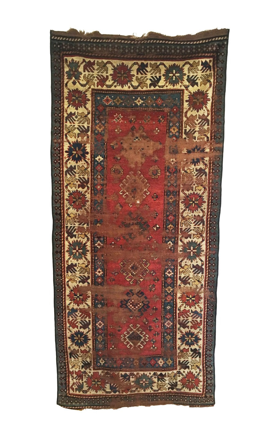 4&#39;2&quot; X 9&#39;0&quot; Antique Distressed Caucasian Kazak Long Rug