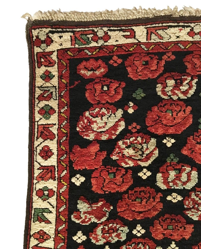 Close-up of a patterned rug with red floral designs on a black background.